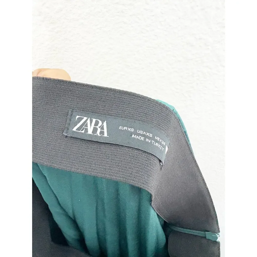 Zara Emerald Green Pleated Midi Skirt Size XS High Rise Chic Preppy Minimalist